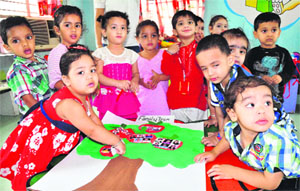 Tiny tots of Eurokids School take part in a family tree programme at Sector 37, Chandigarh, on Friday