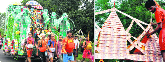 Kanwariyas ferry a kaleidoscopic Kanwar on the Delhi-Haridwar route on Friday; (right) A Kanwariya decorating a Kanwar with currency notes in Haridwar.
