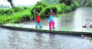 Local women cross a floating bridge at HESCO village, Shuklapur, in Dehradun on Thursday.