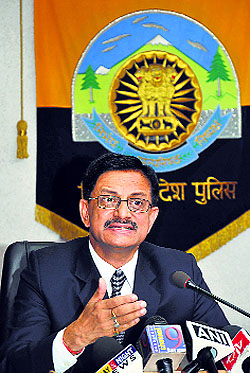 Sanjay Kumar, Director General of Police, Himachal Pradesh, addresses mediapersons at the police headquarters in Shimla on Friday.