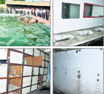 (Clockwise from top left) Swimmers enjoy diving into water; blocked washbasins full of dirty water; missing taps and showers; and broken utility lockers at the renovated Olympic-size swimming pool in Jammu on Friday.