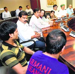 External Affairs Minister Sushma Swaraj and Minority Affairs Minister Najma Heptulla at a meeting with Indian nationals after they returned home, in New Delhi on Friday.