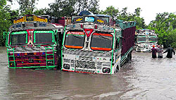 The flooded premises of truck union in Dera Bassi on Saturday