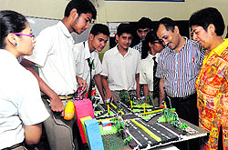 Students and parents at a science exhibition at Saupins School, Sector 32, Chandigarh, on Saturday