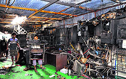 One of the gutted shops at the furniture market in Sector 54, Chandigarh, on Saturday