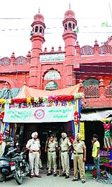 Police deployed outside Jama Masjid in Ludhiana on Saturday.  