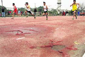 Running the risk: A race in progress on a broken track at Government Arts and Sports College in Jalandhar on Sunday