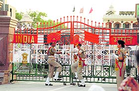 The Retreat ceremony in progress at Attari-Wagah joint check post, near Amritsar on Sunday. 