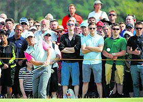 Rory McIlroy chips onto the fifth green during the final round of the British Open at the Royal Liverpool Golf Club in Hoylake on Sunday.