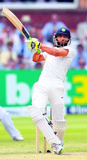 Ravindra Jadeja plays a pull shot on Day 4 of the second Test at Lords in London on Sunday. His 57-ball 68 took India to a strong position after the English bowlers dominated in the first session. 