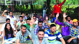 SOPU members hold a protest outside the Vice-Chancellor's office at Panjab University on Monday.