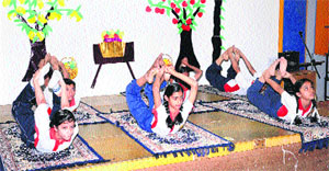 Students of Innocent Heart Public School participate in a yoga championship held on the school campus in Jalandhar on Monday.