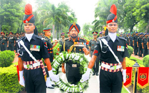 Army Chief General Bikram Singh lays a wreath at the Veer Smriti war memorial in Chandimandir on Monday