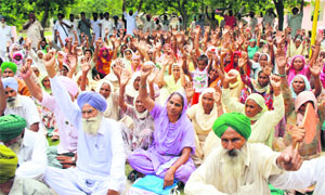 A gathering of BKU Sidhupur activists protests against the Central and state governments in Bathinda on Tuesday