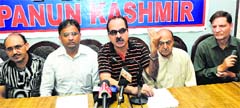 Panun Kashmir convener Agnishekhar addresses mediapersons in Jammu on Tuesday. Tribune Photo: Inderjeet Singh