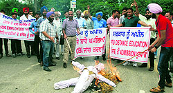 The staff of the distance education centre of the PTU held a protest against the VC over approval not being sought from the University Grants Commission (UGC) on the Kapurthala campus on Tuesday