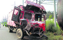 The mangled truck after the accident near Ludhiana on Tuesday.