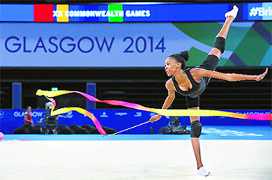 South Africa's Grace Legote takes part in rhythmic gymnastics training in Glasgow on tuesday.