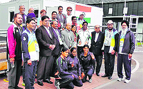 Indian Olympic Association officials along with the sportspersons and contingent officials at the Games Village in Glasgow on Tuesday.