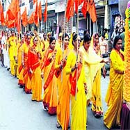 Devotees take part in Shobha Yatra in Bathinda on Wednesday.