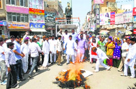 HLP members burn an effigy of Karnal MP Ashwani Chopra in Sirsa on Wednesday