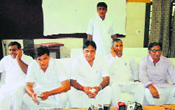 HPCC spokesman Karmbir Saini (centre) addresses mediapersons in Jind on Wednesday