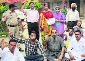 Students and parents hold a protest against the Government College of Education authorities in Jalandhar on Wednesday