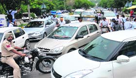 A view of the traffic jam as the protestors parked their vehicles haphazardly in Jalandhar on Wednesday