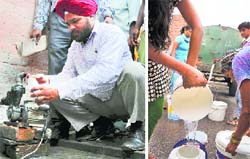 A Health Department official collects a water sample; and residents collect water from a tanker at Parkash Nagar in Ludhiana on Wednesday. Tribune Photos: Himanshu Mahajan