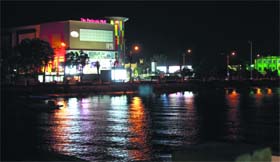The newly installed floodlights at the GNDTP lake in Bathinda.