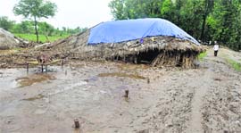 Hutments of Gujjars at Marh village damaged by the flash flood.