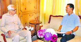 Governor NN Vohra with Minister for Urban Development Nawang Rigzin Jora in Srinagar on Thursday.