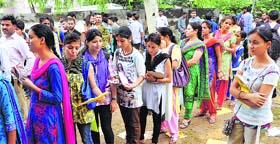 A heavy rush of candidates to deposit application forms at Gandhi Nagar in Jammu on Thursday.
