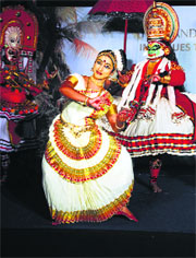 Artistes from Kerala present various dance forms during a function in Ludhiana