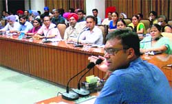 Deputy Commissioner Dr Basant Garg holds a meeting with the representatives of various educational institutions in Bathinda on Friday. A Tribune photograph