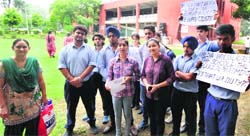 Family members of the accused student hold a press conference at the GMSSS, Sector 35, Chandigarh, on Friday. Tribune Photo: Pradeep Tewari