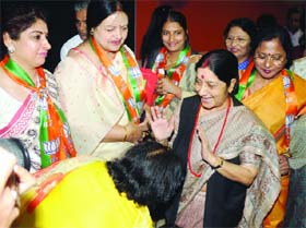 External Affairs Minister Sushma Swaraj during the BJP Mahila Morcha National Executive meeting in New Delhi on Friday.