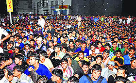 A gathering of youths outside the Indira stadium for an Army recruitment rally in Una on Friday.