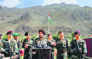 Army Chief General Bikram Singh addresses a gathering at the Kargil War Memorial in Dras on Friday.