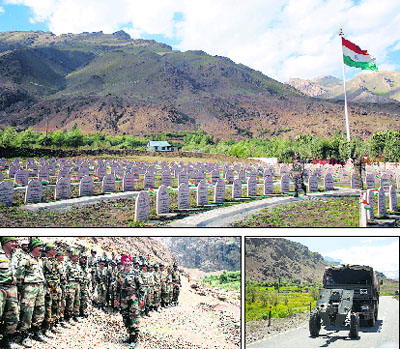 (Clockwise from top) A soldier walks past a cemetery ahead of the Vijay Diwas celebrations in Dras, 160 km east of Srinagar; an army field gun being moved; and Brigadier GP Singh poses with soldiers during a training session. 