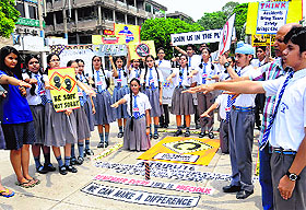 Students of Manav Mangal High School, Sector 21, take pledge during a campaign at Sector 17, Chandigarh, on Saturday.