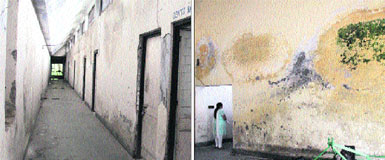 A garbage-strewn corridor at the gymnasium wing, which serves as the makeshift boys hostel for the Government Arts and Sports College in Jalandhar; and (right) a damp wall of the gymnasium wing which serves as the makeshift boys hostel for the Government Arts and Sports College in Jalandhar.
