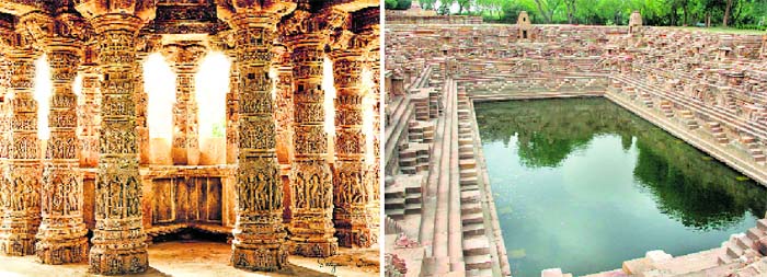 From left: Carved pillars in Sabha mandap; (and right) the Surya kund has pyramid-shaped stairs till the water level. There are more than hundred miniature shrines carved in between the steps of the tank Photos by the writer