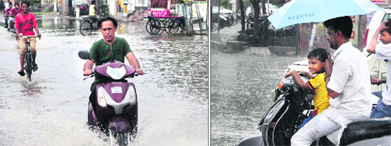 City residents make their way through waterlogged streets; (right) a child enjoys rain after many days of hot and humid weather in Bathinda on Sunday.