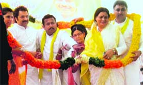 Haryana Janhit Congress supremo Kuldeep Bishnoi (extreme left) and its other leaders being welcomed in Panipat on Sunday