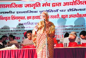 Hindi writer from Bihar Mridula Sinha addresses a symposium on female foeticide and inter-state marriages in Jind on Sunday