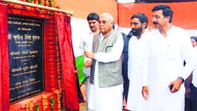 CM Bhupinder Singh Hooda lays the stone of Government College, Satnali, on Sunday. Health Minister Rao Narender Singh (extreme right) and CPS Rao Daan Singh (C) look on