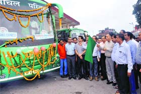 Transport Minister GS Bali flags off the McLeodganj-Chandigarh Volvo bus service from Kangra bus stand on Sunday