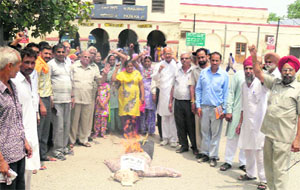 Striking NGO activists burn an effigy of Railway Minister Sadananda Gowda in Fazilka on Sunday.