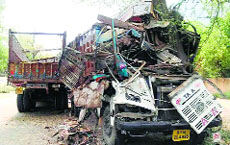 The mangled remains of a truck near Abohar on Sunday. 